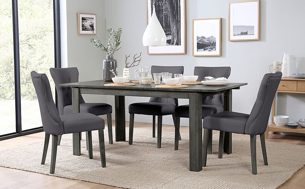 Bali Extending Dining Table & 4 Bewley Chairs, Grey Solid Hardwood, Grey Classic Faux Leather, 150-180cm