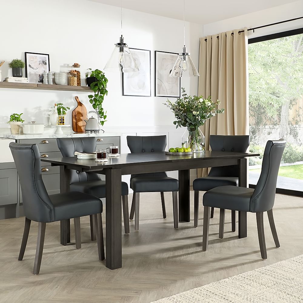 Bali Extending Dining Table & 4 Bewley Chairs, Grey Solid Hardwood, Grey Classic Faux Leather, 150-180cm