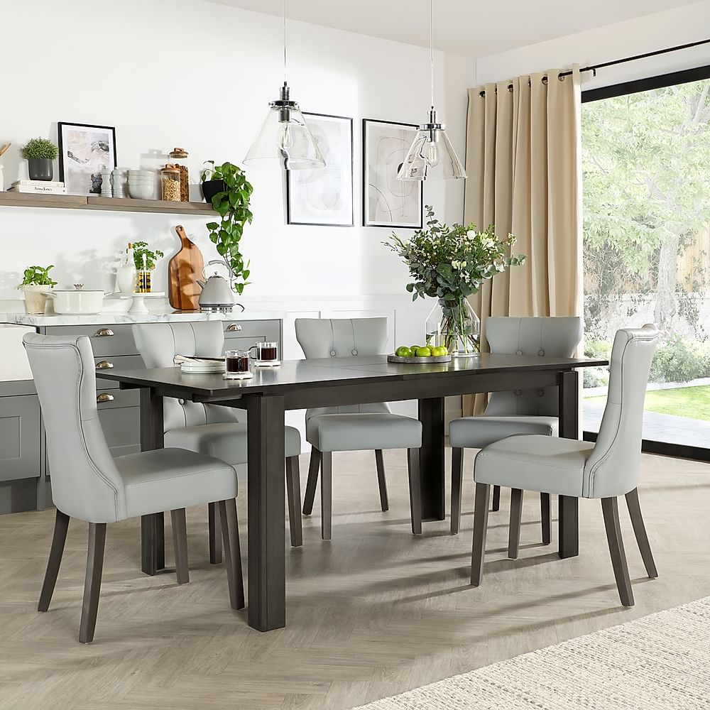 Bali Extending Dining Table & 6 Bewley Chairs, Grey Solid Hardwood, Light Grey Classic Faux Leather, 150-180cm