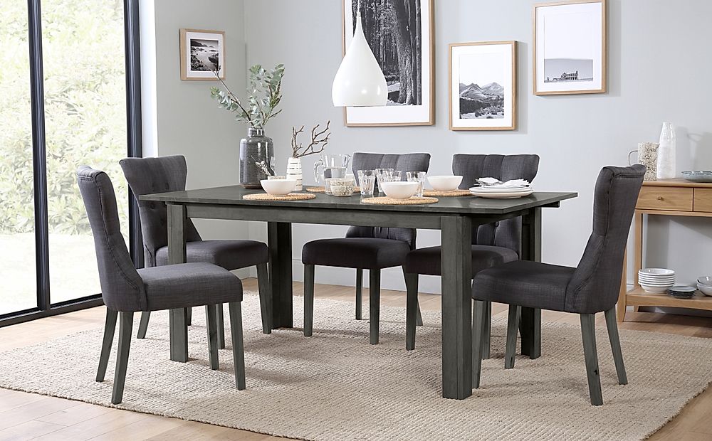 Bali Extending Dining Table & 4 Bewley Chairs, Grey Solid Hardwood, Slate Grey Classic Linen-Weave Fabric, 150-180cm