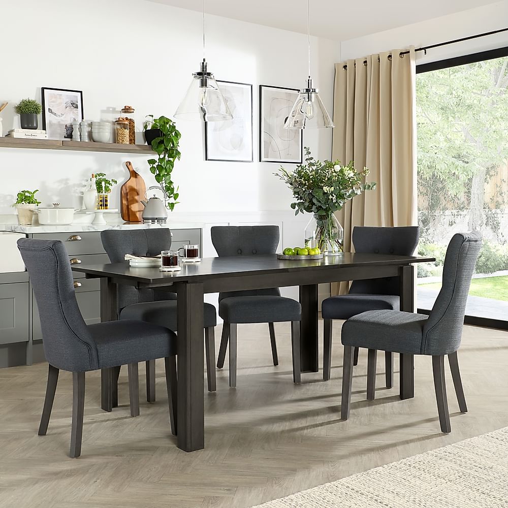 Bali Extending Dining Table & 4 Bewley Chairs, Grey Solid Hardwood, Slate Grey Classic Linen-Weave Fabric, 150-180cm