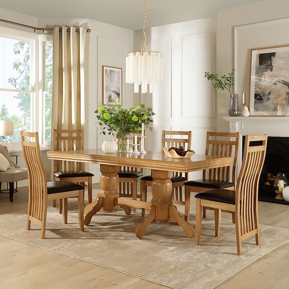 Chatsworth Extending Dining Table & 6 Bali Chairs, Natural Oak Finished Birch Veneer & Solid Hardwood, Brown Classic Faux Leather & Natural Oak Finished Solid Hardwood, 150-180cm