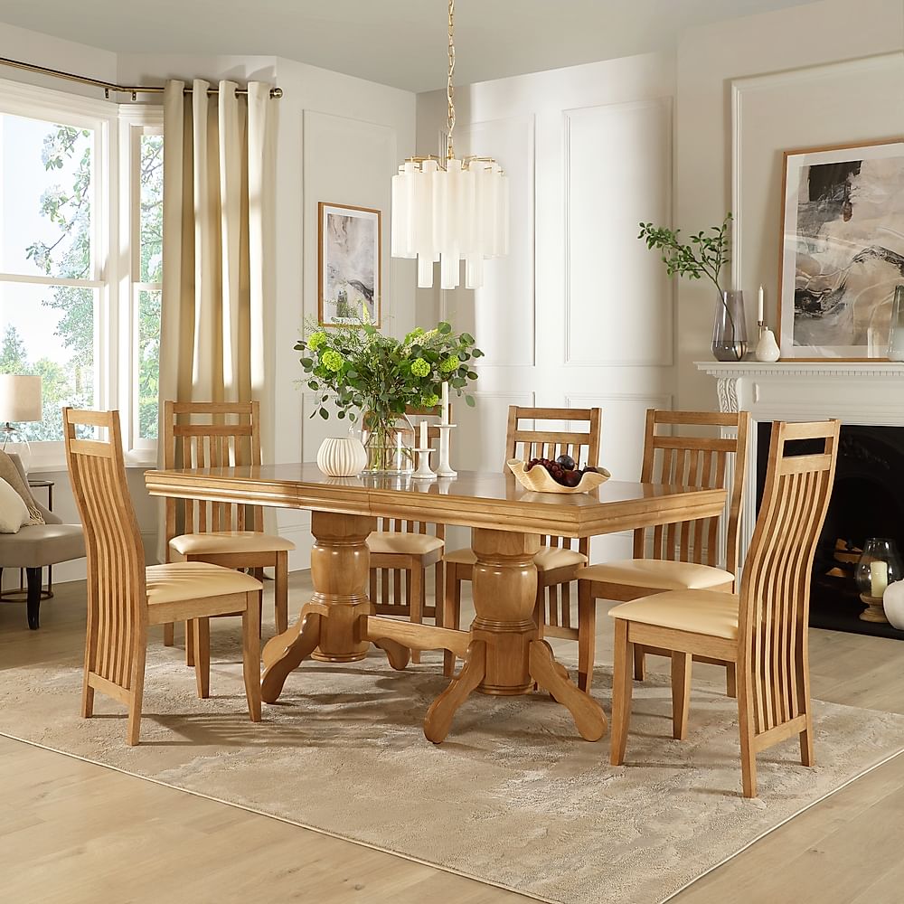 Chatsworth Extending Dining Table & 4 Bali Chairs, Natural Oak Finished Birch Veneer & Solid Hardwood, Ivory Classic Faux Leather & Natural Oak Finished Solid Hardwood, 150-180cm
