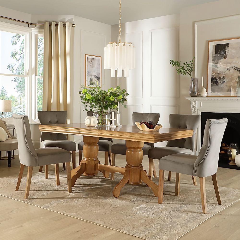 Chatsworth Extending Dining Table & 4 Bewley Chairs, Natural Oak Finished Birch Veneer & Solid Hardwood, Grey Classic Velvet & Natural Oak Finished Solid Hardwood, 150-180cm