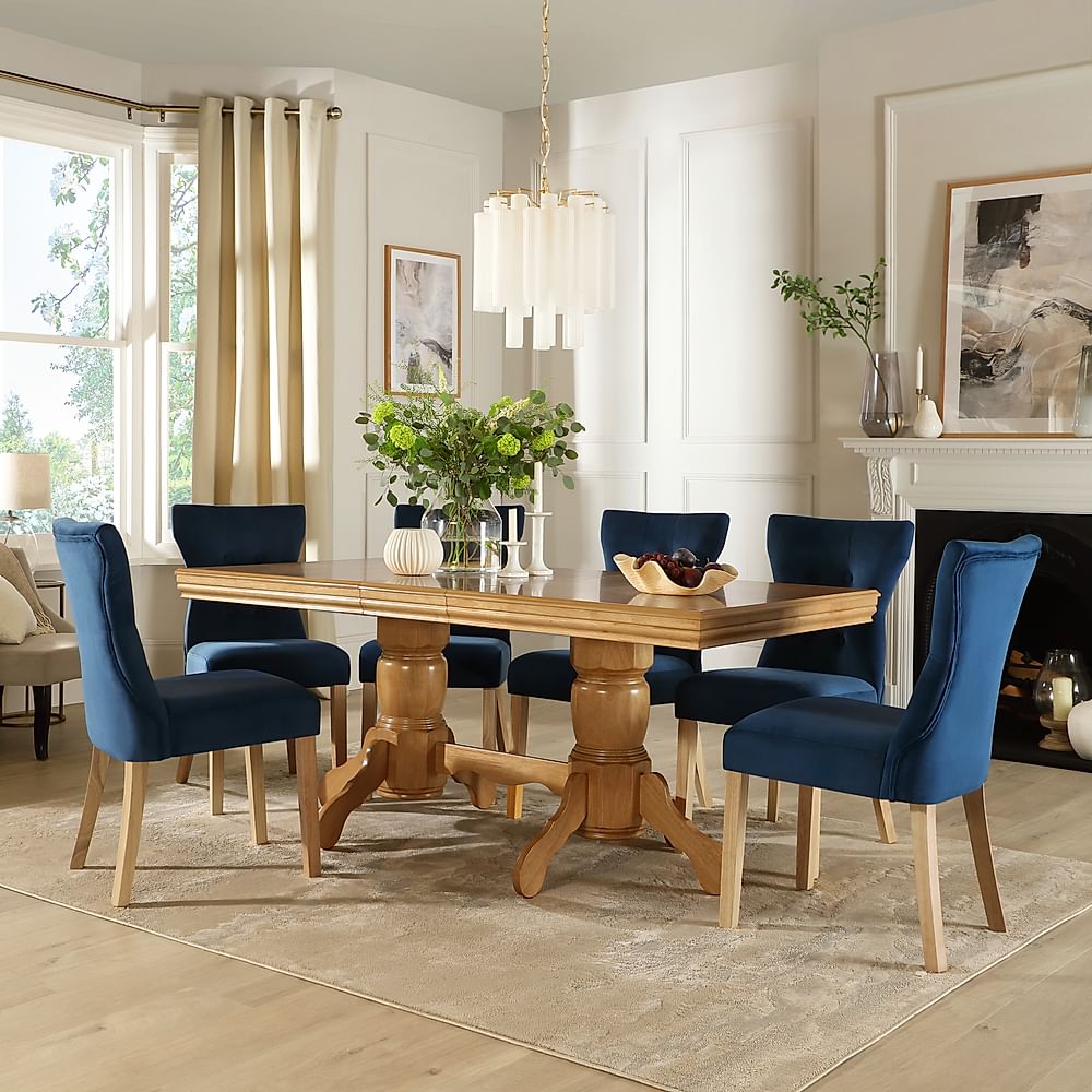 Chatsworth Extending Dining Table & 4 Bewley Chairs, Natural Oak Finished Birch Veneer & Solid Hardwood, Blue Classic Velvet & Natural Oak Finished Solid Hardwood, 150-180cm