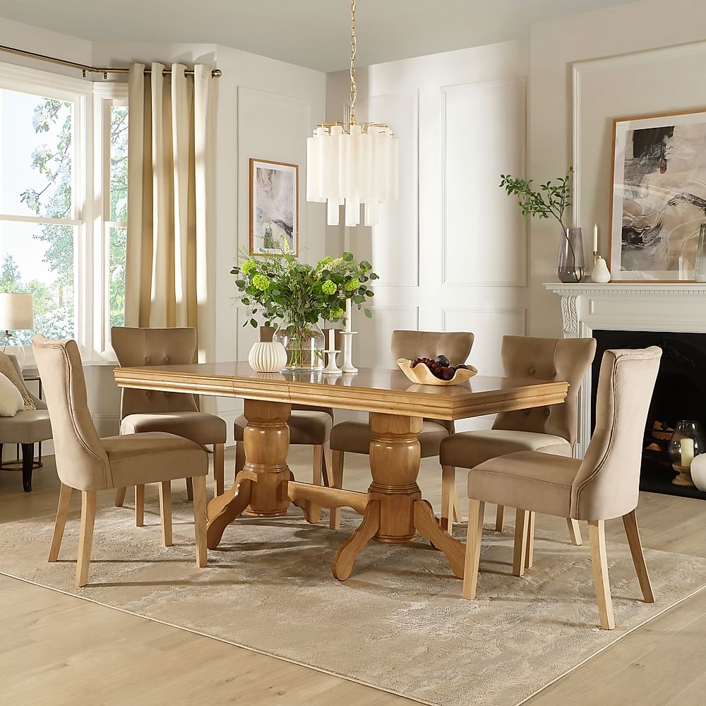 Chatsworth Extending Dining Table & 4 Bewley Chairs, Natural Oak Finished Birch Veneer & Solid Hardwood, Champagne Classic Velvet & Natural Oak Finished Solid Hardwood, 150-180cm