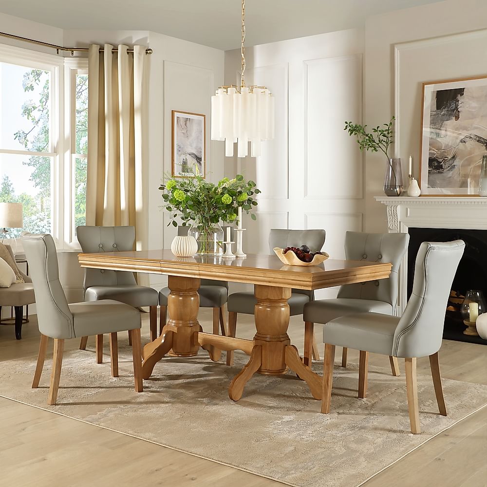 Chatsworth Extending Dining Table & 4 Bewley Chairs, Natural Oak Finished Birch Veneer & Solid Hardwood, Light Grey Classic Faux Leather & Natural Oak Finished Solid Hardwood, 150-180cm