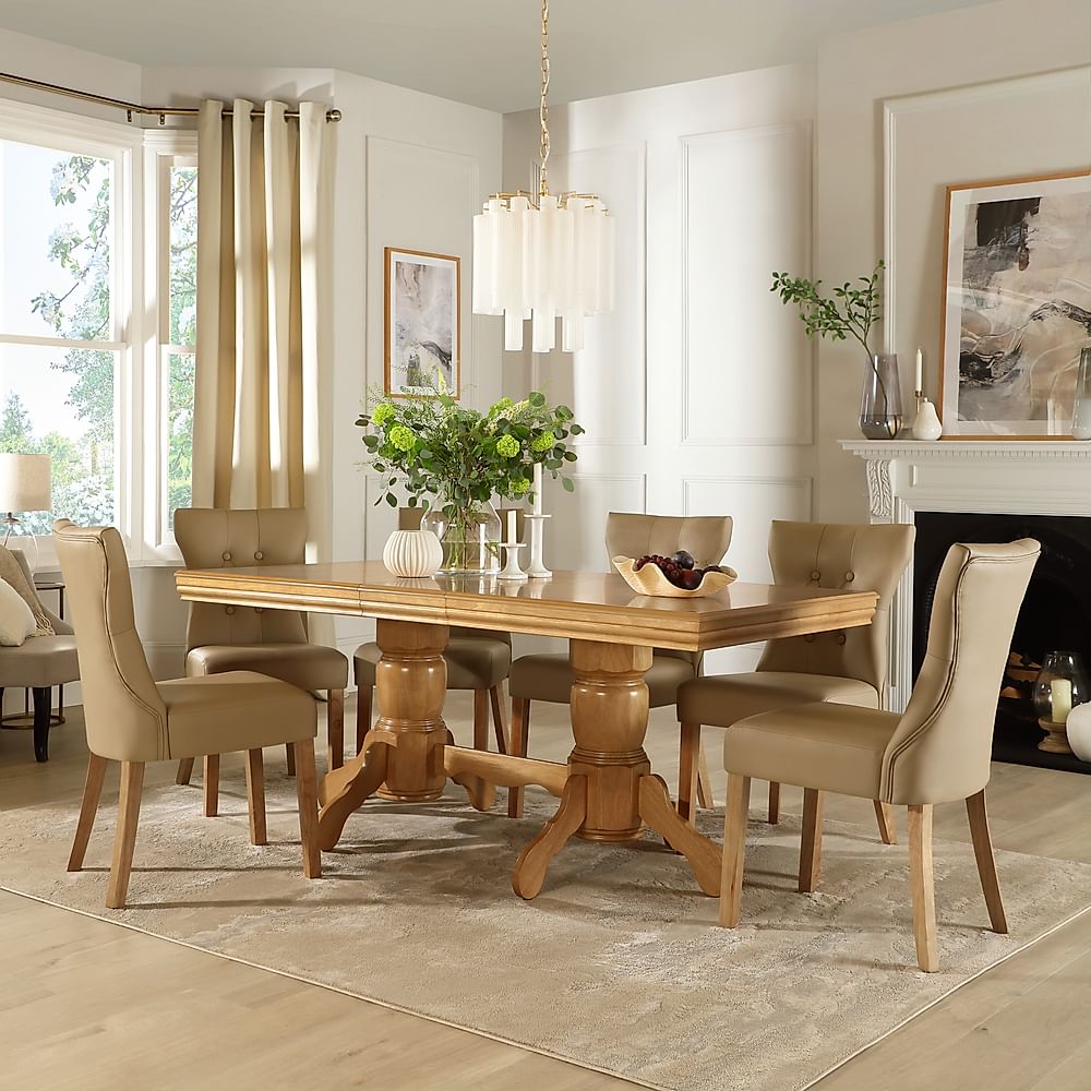 Chatsworth Extending Dining Table & 6 Bewley Chairs, Natural Oak Finished Birch Veneer & Solid Hardwood, Stone Grey Classic Faux Leather & Natural Oak Finished Solid Hardwood, 150-180cm