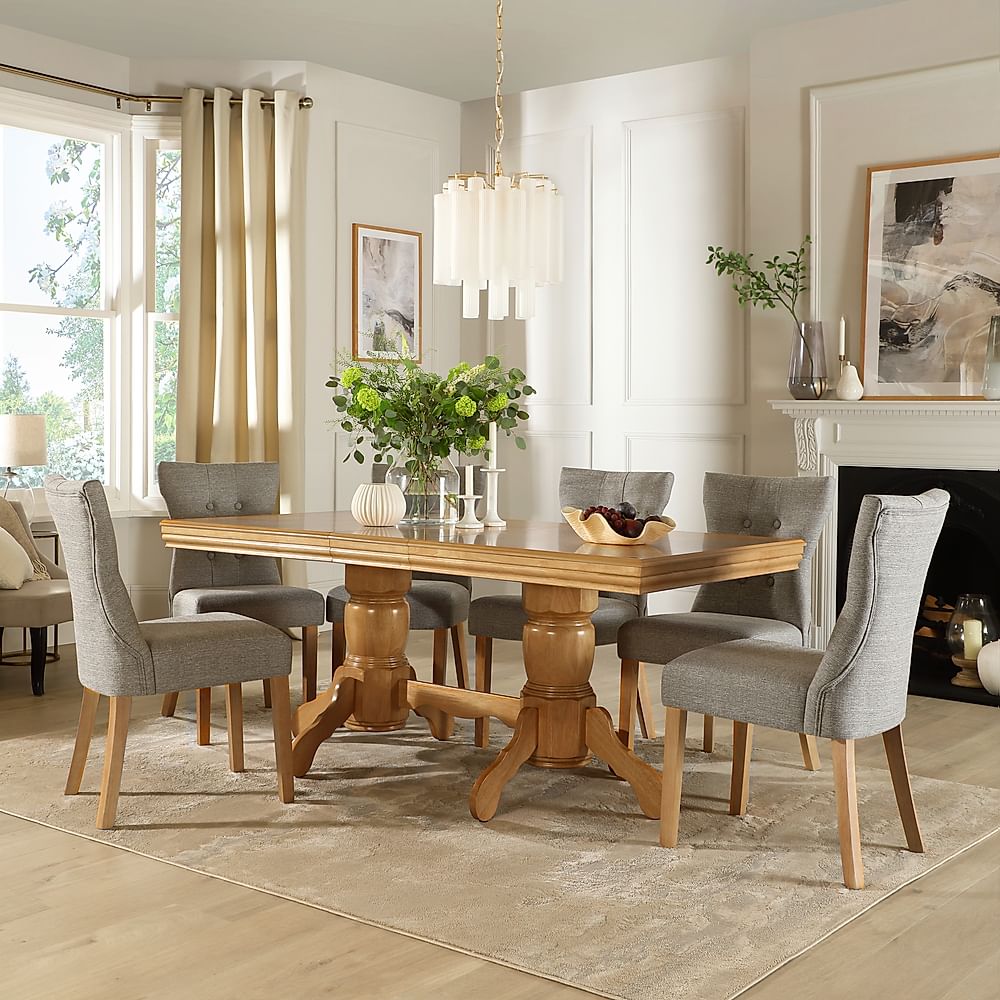 Chatsworth Extending Dining Table & 4 Bewley Chairs, Natural Oak Finished Birch Veneer & Solid Hardwood, Light Grey Classic Linen-Weave Fabric & Natural Oak Finished Solid Hardwood, 150-180cm