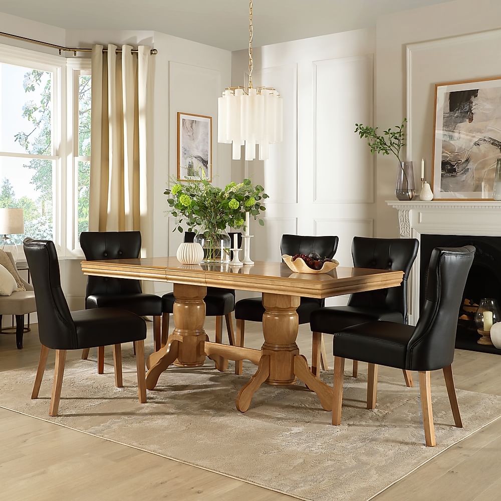 Chatsworth Extending Dining Table & 6 Bewley Chairs, Natural Oak Finished Birch Veneer & Solid Hardwood, Black Classic Faux Leather & Natural Oak Finished Solid Hardwood, 150-180cm