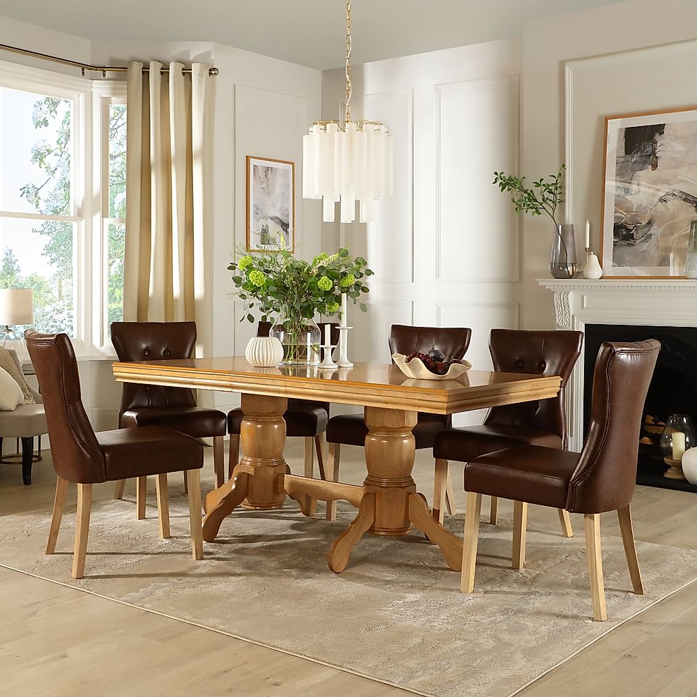 Chatsworth Extending Dining Table & 6 Bewley Chairs, Natural Oak Finished Birch Veneer & Solid Hardwood, Club Brown Classic Faux Leather & Natural Oak Finished Solid Hardwood, 150-180cm