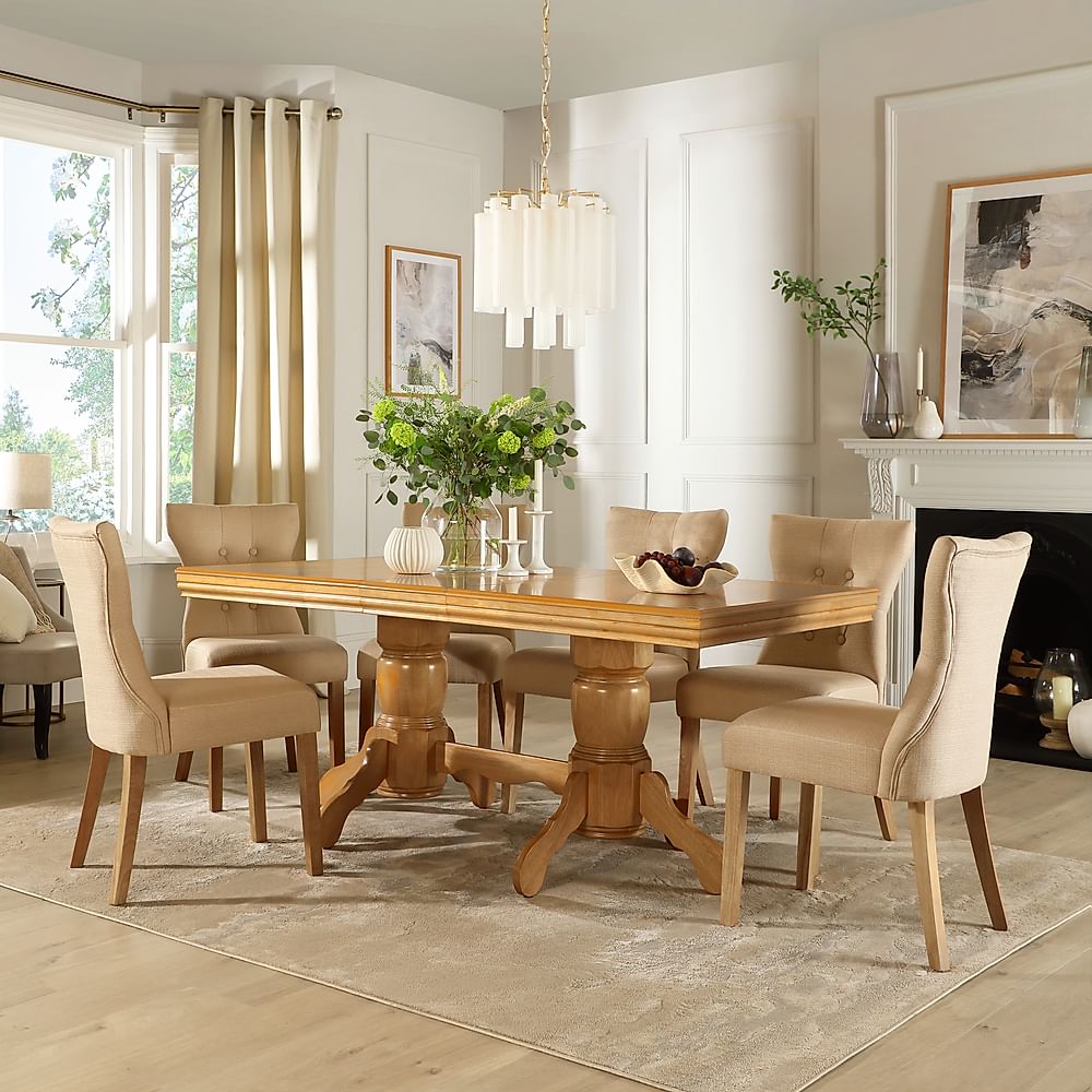 Chatsworth Extending Dining Table & 4 Bewley Chairs, Natural Oak Finished Birch Veneer & Solid Hardwood, Oatmeal Classic Linen-Weave Fabric & Natural Oak Finished Solid Hardwood, 150-180cm