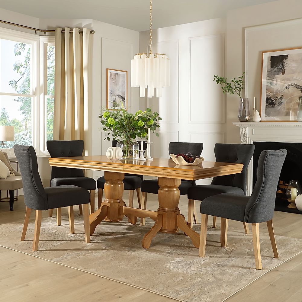 Chatsworth Extending Dining Table & 4 Bewley Chairs, Natural Oak Finished Birch Veneer & Solid Hardwood, Slate Grey Classic Linen-Weave Fabric & Natural Oak Finished Solid Hardwood, 150-180cm