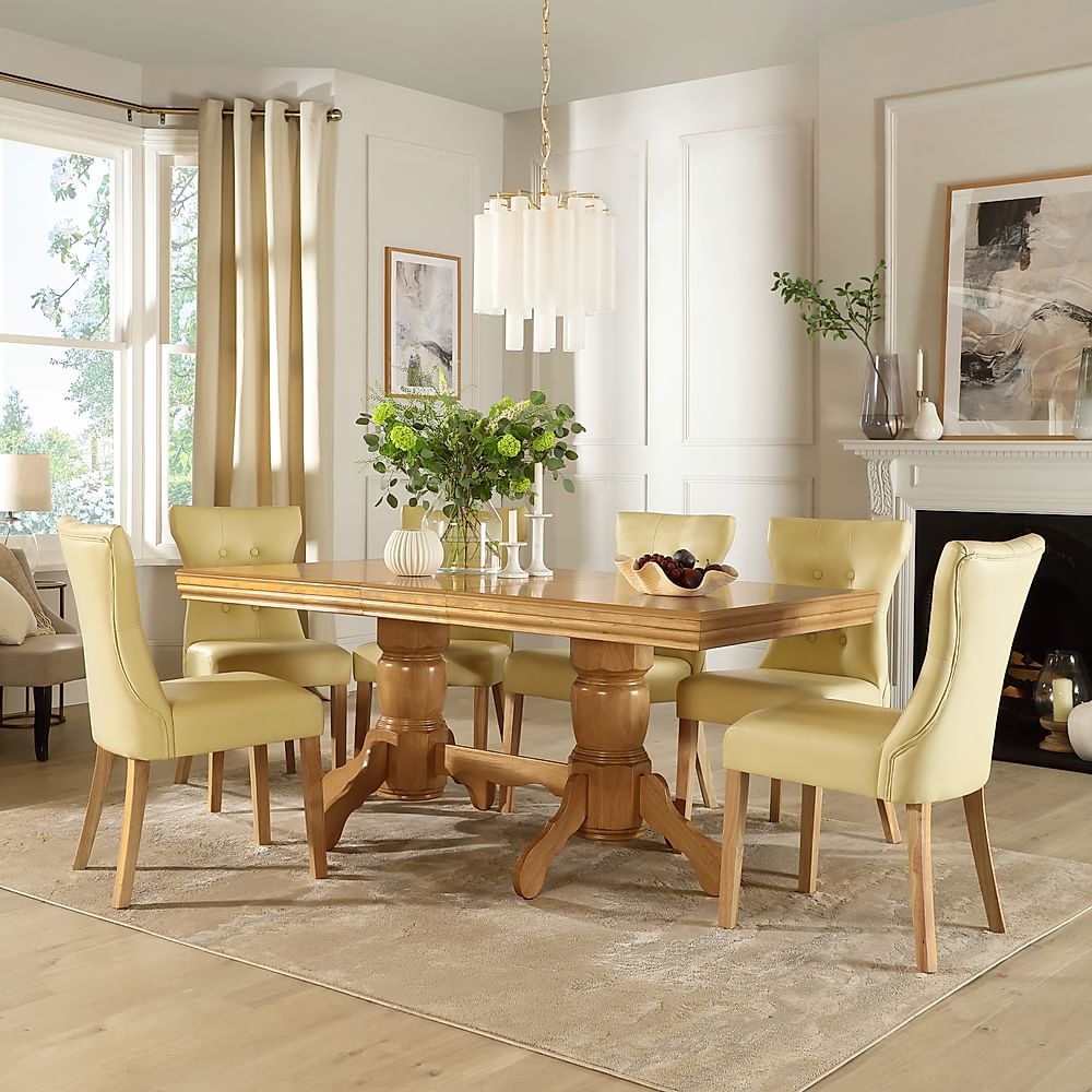 Chatsworth Extending Dining Table & 4 Bewley Chairs, Natural Oak Finished Birch Veneer & Solid Hardwood, Ivory Classic Faux Leather & Natural Oak Finished Solid Hardwood, 150-180cm
