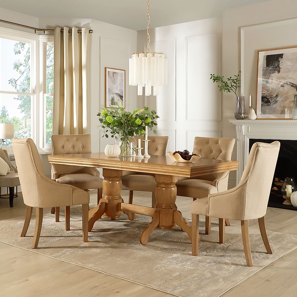 Chatsworth Extending Dining Table & 4 Duke Chairs, Natural Oak Finished Birch Veneer & Solid Hardwood, Oatmeal Classic Linen-Weave Fabric & Natural Oak Finished Solid Hardwood, 150-180cm