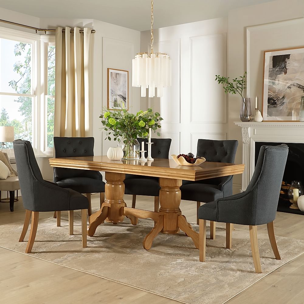 Chatsworth Extending Dining Table & 4 Duke Chairs, Natural Oak Finished Birch Veneer & Solid Hardwood, Slate Grey Classic Linen-Weave Fabric & Natural Oak Finished Solid Hardwood, 150-180cm