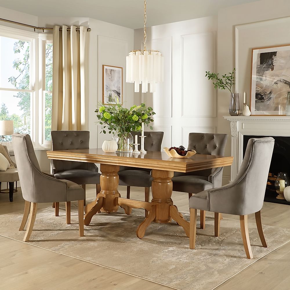 Chatsworth Extending Dining Table & 4 Duke Chairs, Natural Oak Finished Birch Veneer & Solid Hardwood, Grey Classic Velvet & Natural Oak Finished Solid Hardwood, 150-180cm