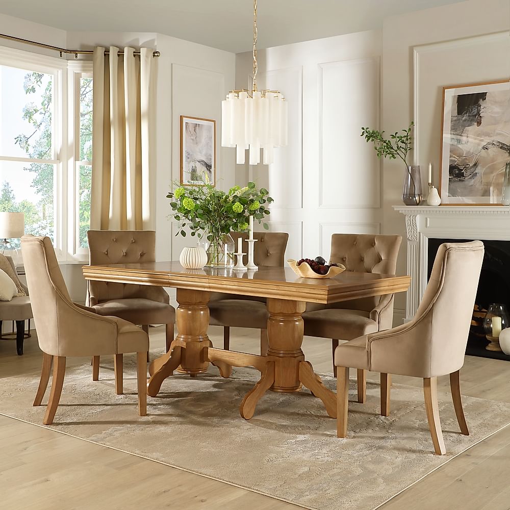 Chatsworth Extending Dining Table & 6 Duke Chairs, Natural Oak Finished Birch Veneer & Solid Hardwood, Champagne Classic Velvet & Natural Oak Finished Solid Hardwood, 150-180cm