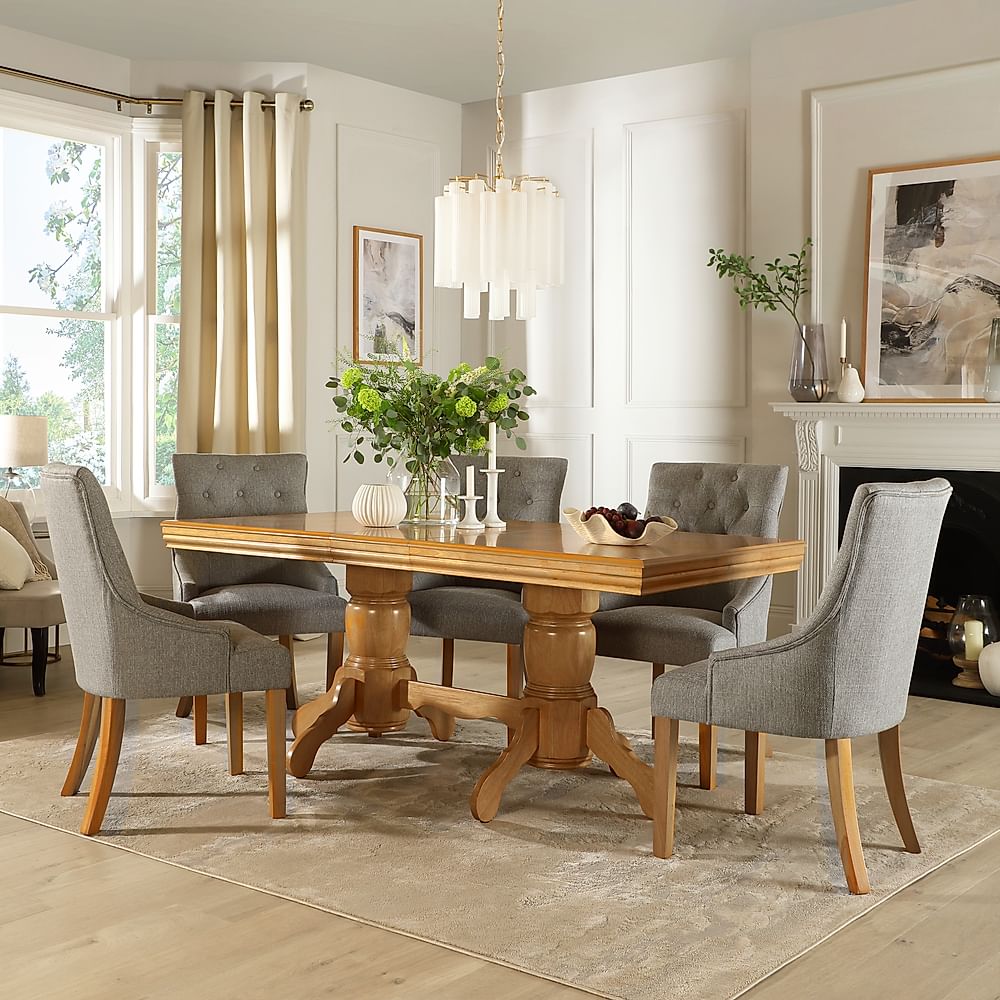 Chatsworth Extending Dining Table & 4 Duke Chairs, Natural Oak Finished Birch Veneer & Solid Hardwood, Light Grey Classic Linen-Weave Fabric & Natural Oak Finished Solid Hardwood, 150-180cm