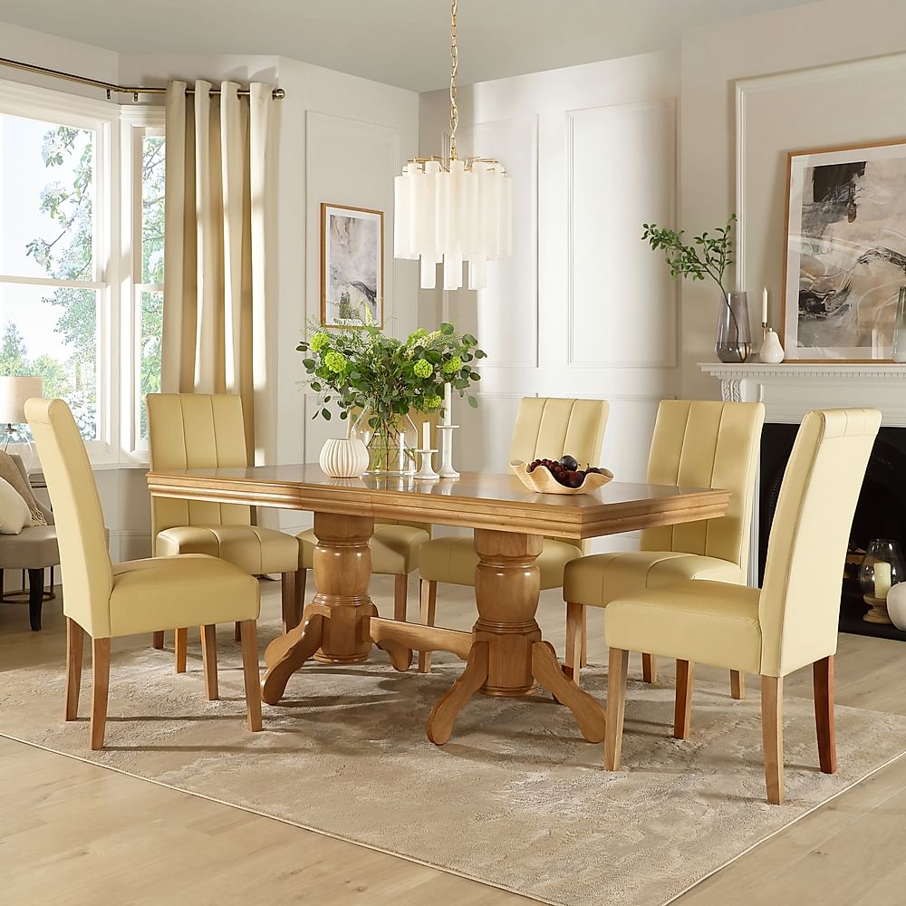 Chatsworth Extending Dining Table & 4 Carrick Chairs, Natural Oak Finished Birch Veneer & Solid Hardwood, Ivory Classic Faux Leather & Natural Oak Finished Solid Hardwood, 150-180cm