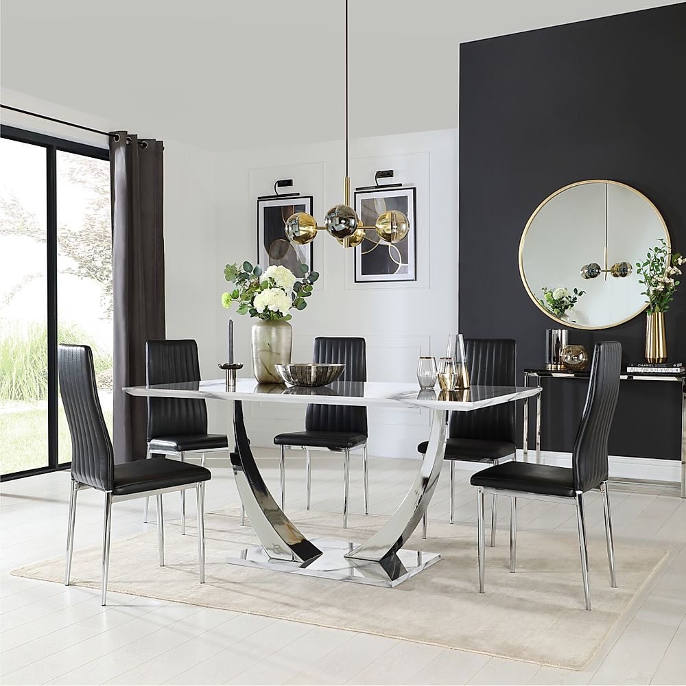 Peake Dining Table & 4 Leon Chairs, White Marble Effect & Chrome, Black Classic Faux Leather, 160cm