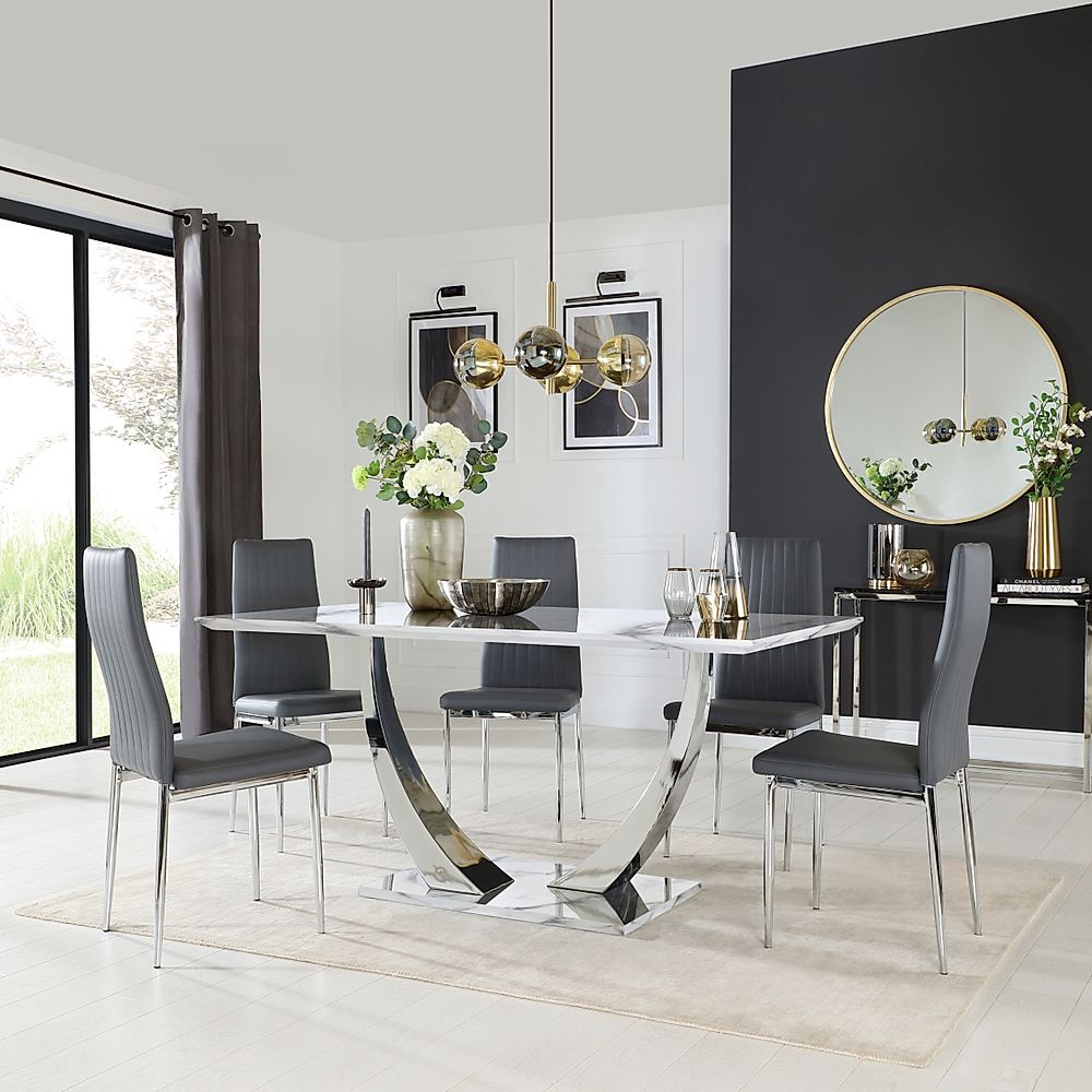 Peake Dining Table & 4 Leon Chairs, White Marble Effect & Chrome, Grey Classic Faux Leather, 160cm