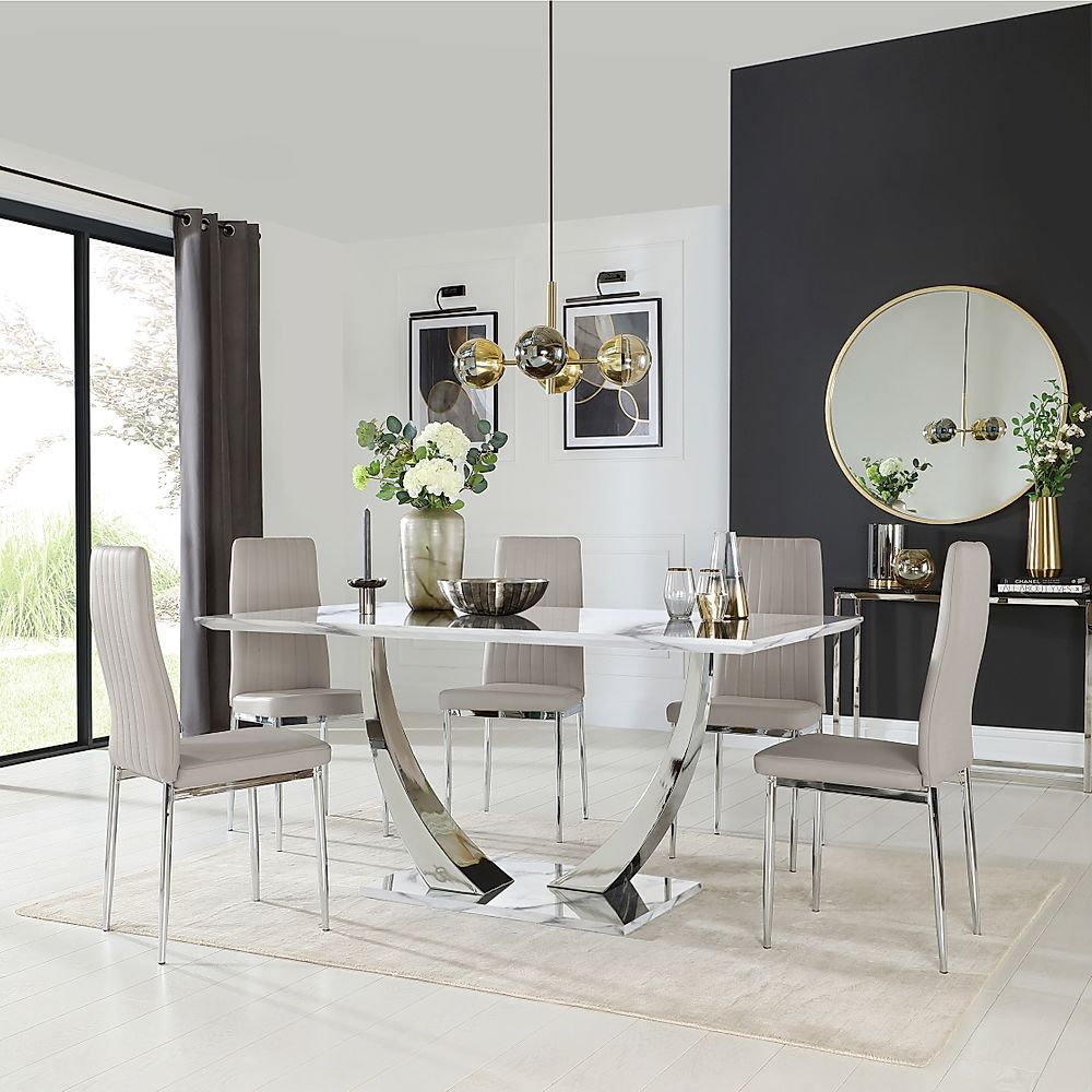 Peake Dining Table & 4 Leon Chairs, White Marble Effect & Chrome, Stone Grey Classic Faux Leather, 160cm
