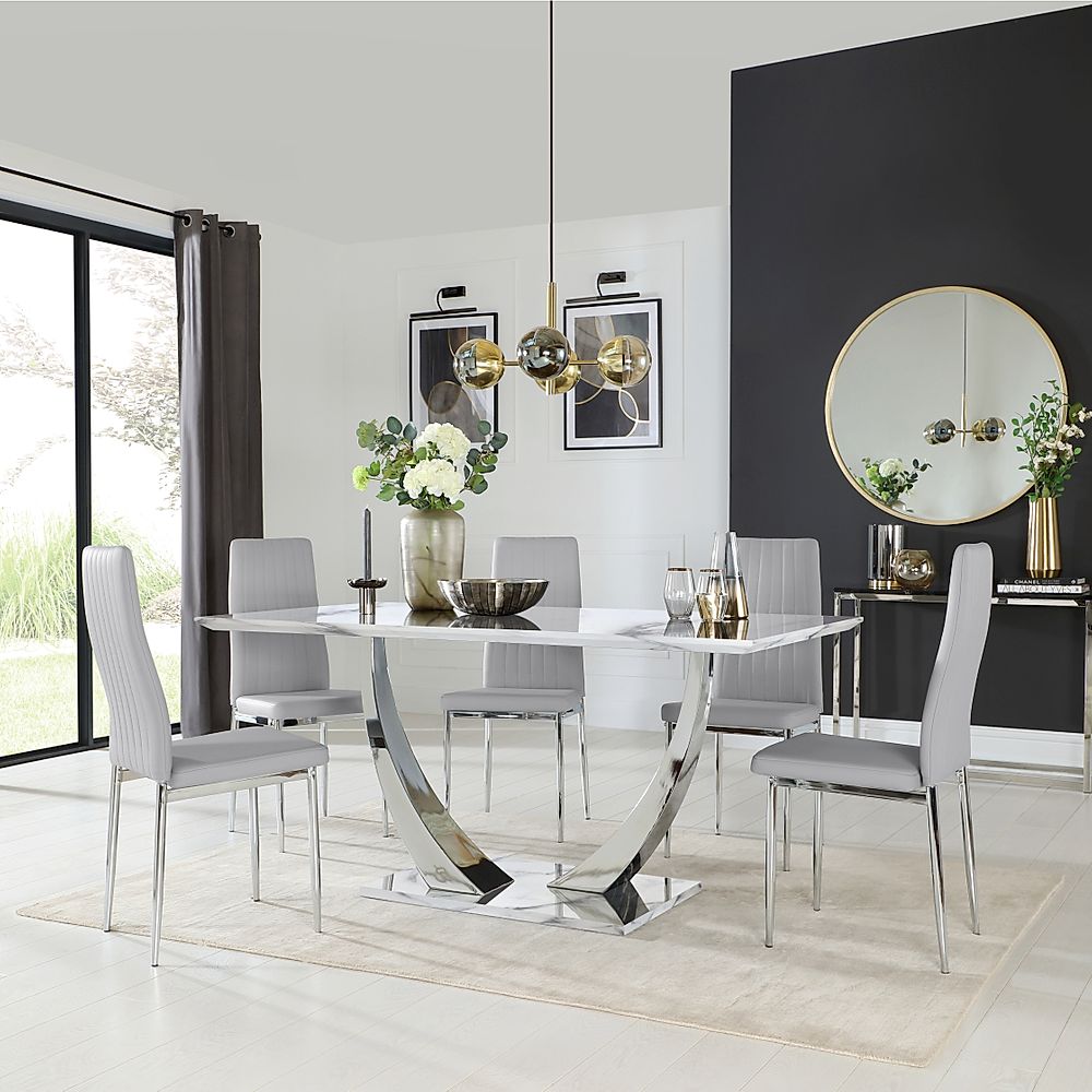Peake Dining Table & 4 Leon Chairs, White Marble Effect & Chrome, Light Grey Classic Faux Leather, 160cm