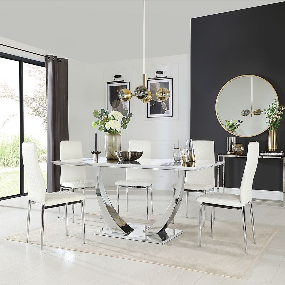 Peake Dining Table & 4 Renzo Chairs, White Marble Effect & Chrome, White Classic Faux Leather, 160cm