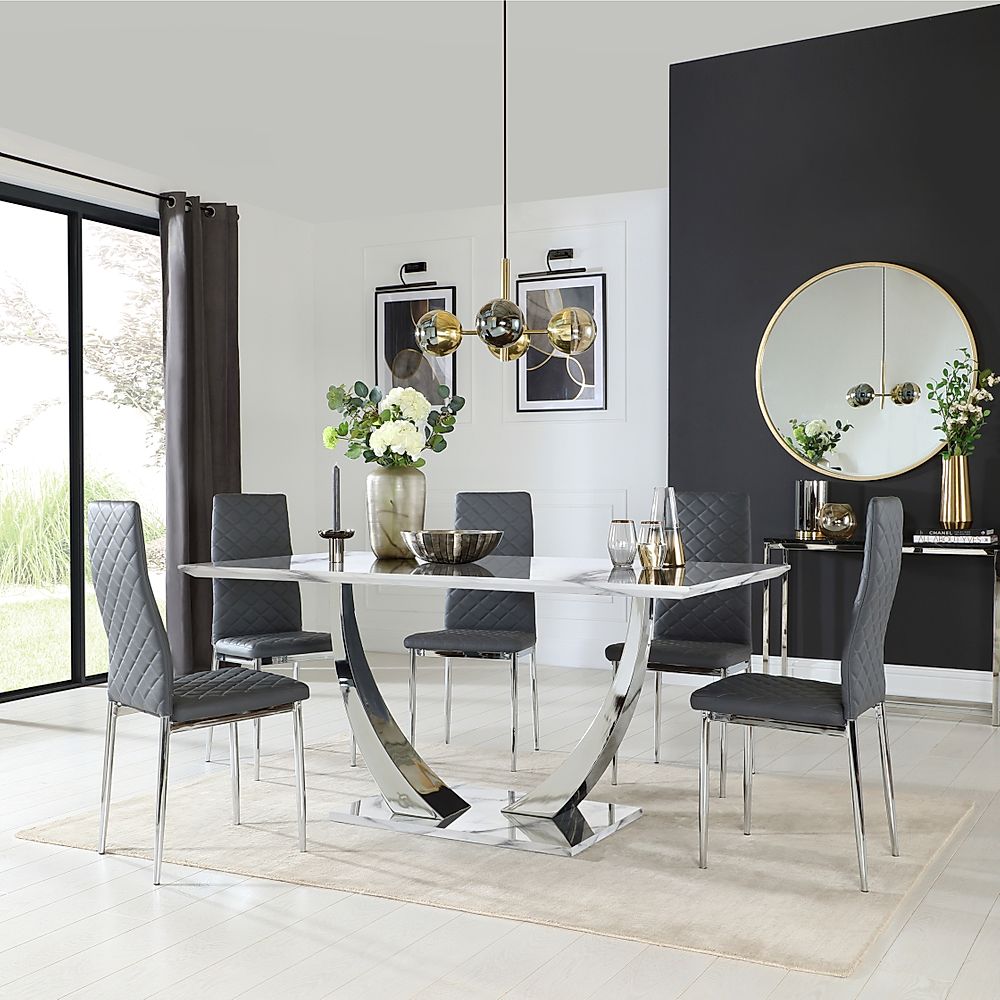 Peake Dining Table & 4 Renzo Chairs, White Marble Effect & Chrome, Grey Classic Faux Leather, 160cm