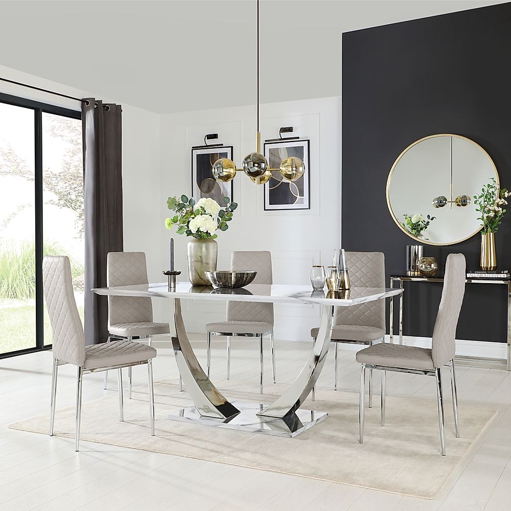 Peake Dining Table & 4 Renzo Chairs, White Marble Effect & Chrome, Stone Grey Classic Faux Leather, 160cm