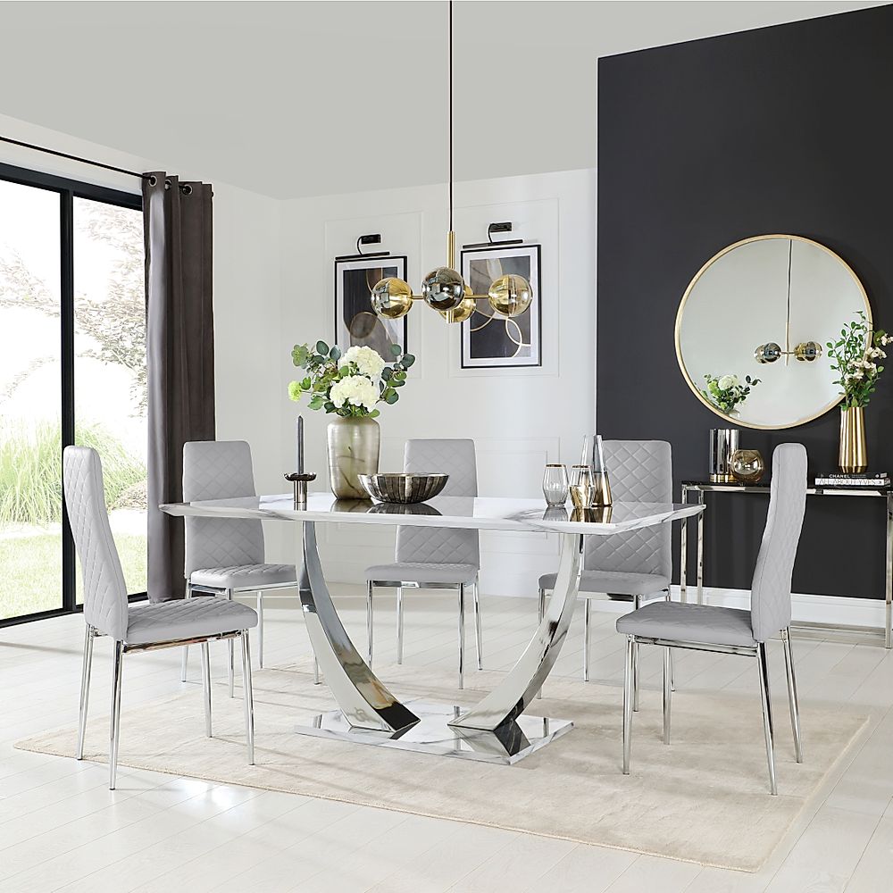 Peake Dining Table & 6 Renzo Chairs, White Marble Effect & Chrome, Light Grey Classic Faux Leather, 160cm