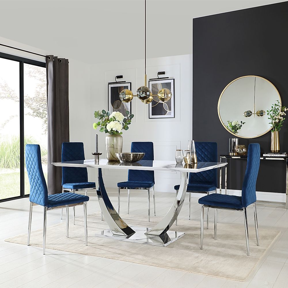 Peake Dining Table & 6 Renzo Chairs, White Marble Effect & Chrome, Blue Classic Velvet, 160cm