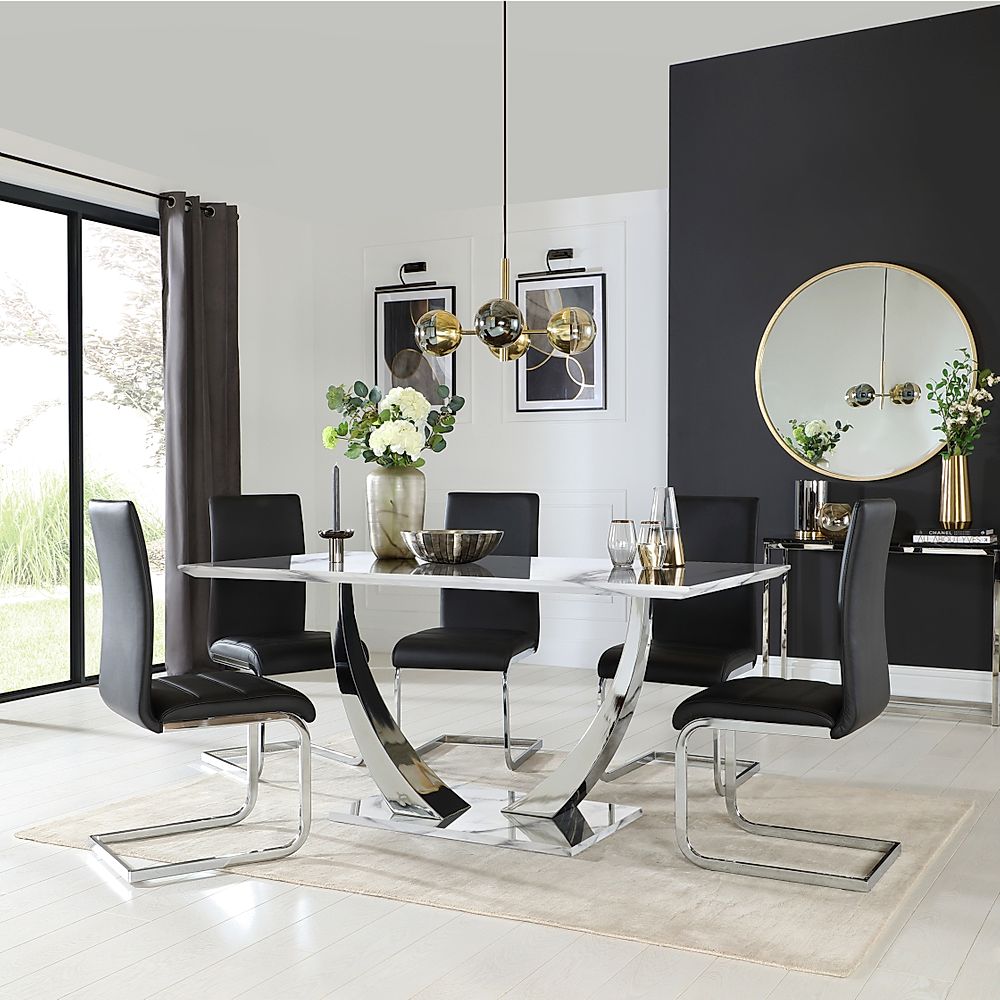 Peake Dining Table & 6 Perth Chairs, White Marble Effect & Chrome, Black Classic Faux Leather, 160cm