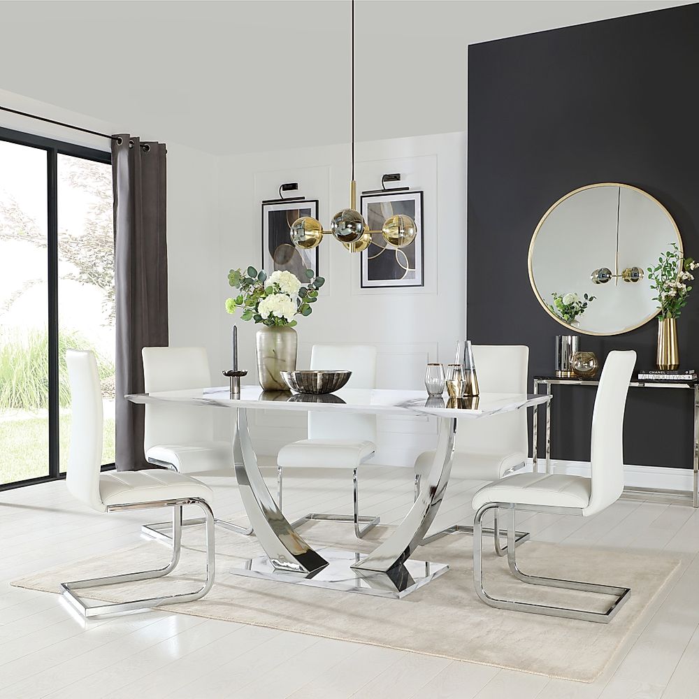 Peake Dining Table & 6 Perth Chairs, White Marble Effect & Chrome, White Classic Faux Leather, 160cm
