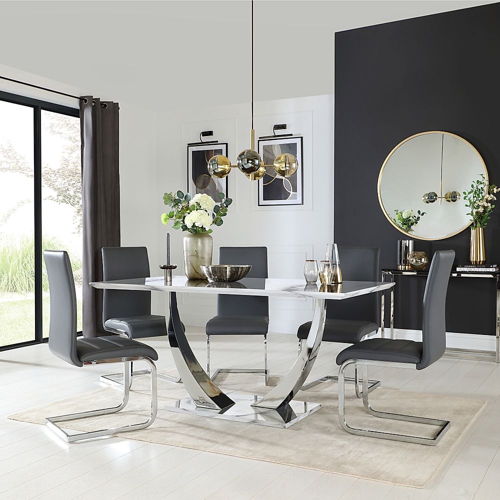 Peake Dining Table & 4 Perth Chairs, White Marble Effect & Chrome, Grey Classic Faux Leather, 160cm