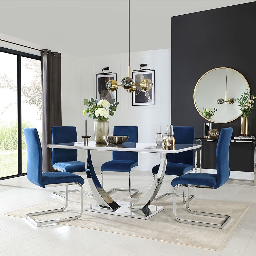 Peake Dining Table & 4 Perth Chairs, White Marble Effect & Chrome, Blue Classic Velvet, 160cm