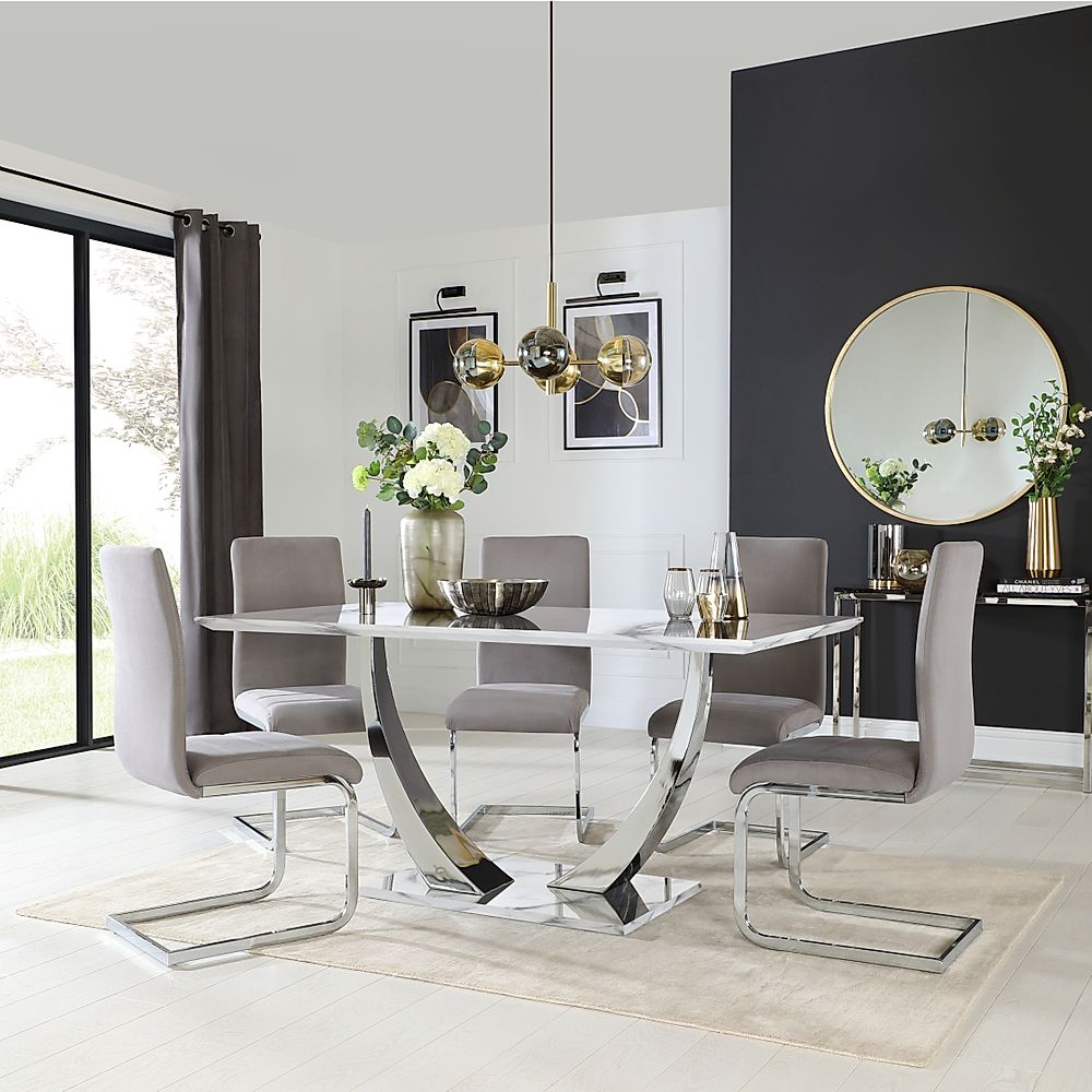 Peake Dining Table & 6 Perth Chairs, White Marble Effect & Chrome, Grey Classic Velvet, 160cm