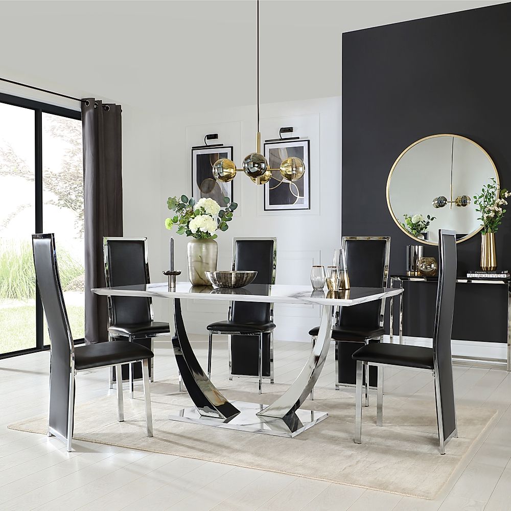 Peake Dining Table & 4 Celeste Chairs, White Marble Effect & Chrome, Black Classic Faux Leather, 160cm