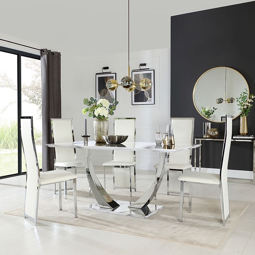 Peake Dining Table & 6 Celeste Chairs, White Marble Effect & Chrome, White Classic Faux Leather, 160cm