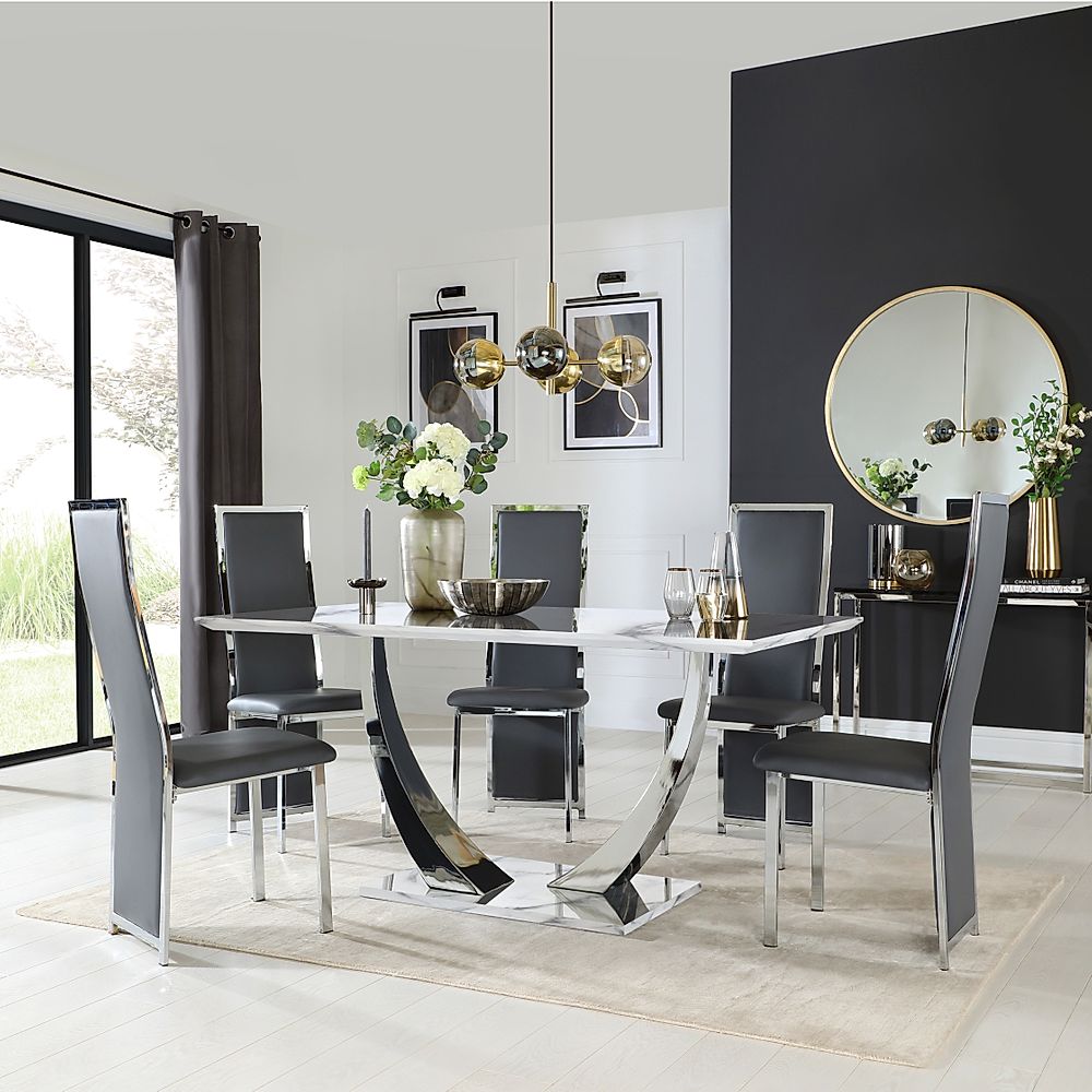 Peake Dining Table & 4 Celeste Chairs, White Marble Effect & Chrome, Grey Classic Faux Leather, 160cm
