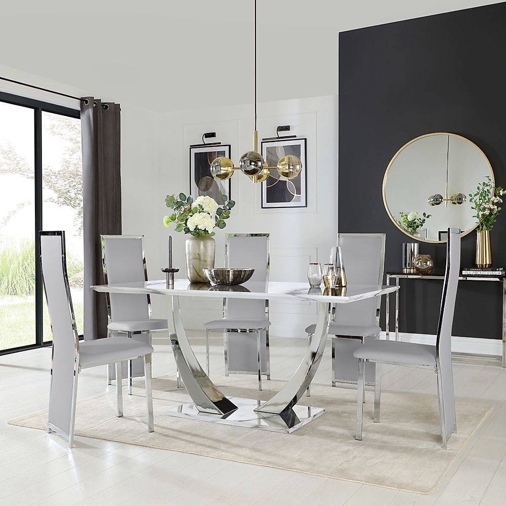 Peake Dining Table & 4 Celeste Chairs, White Marble Effect & Chrome, Light Grey Classic Faux Leather, 160cm