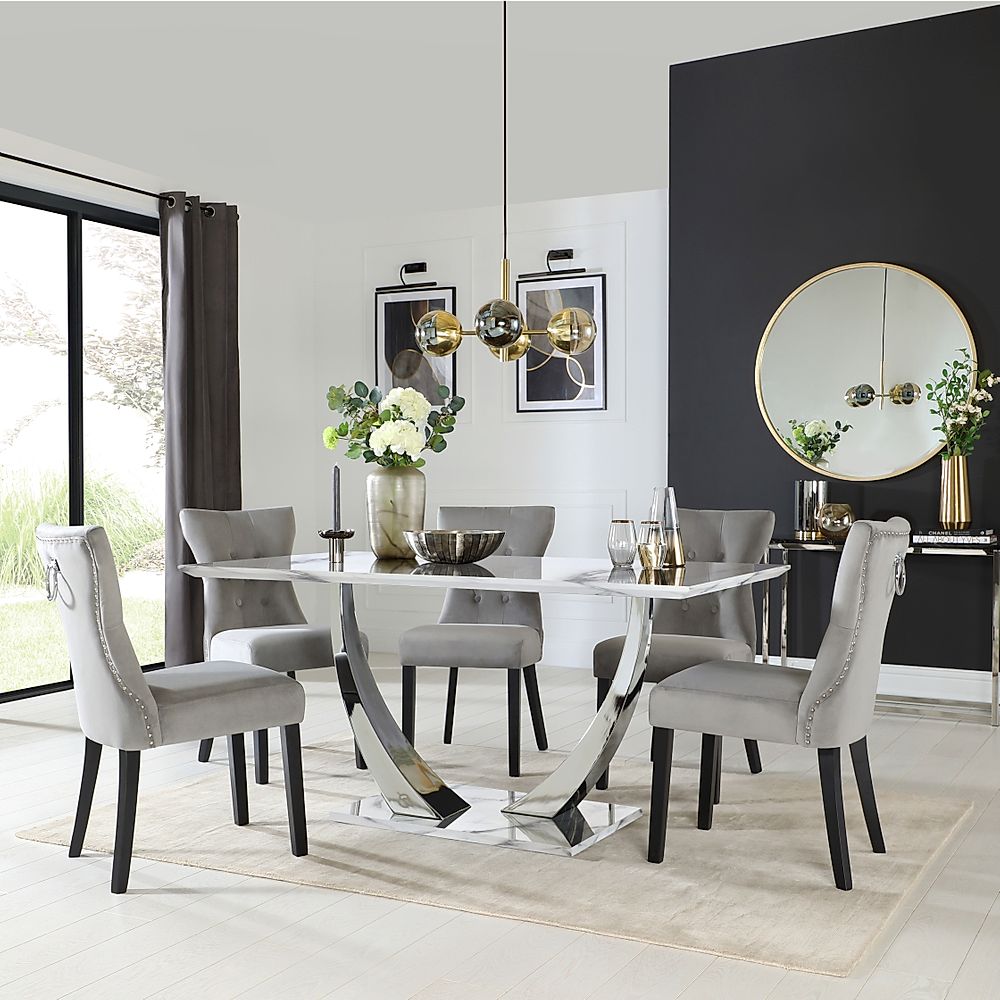 Peake Dining Table & 4 Kensington Chairs, White Marble Effect & Chrome, Grey Classic Velvet & Black Solid Hardwood, 160cm