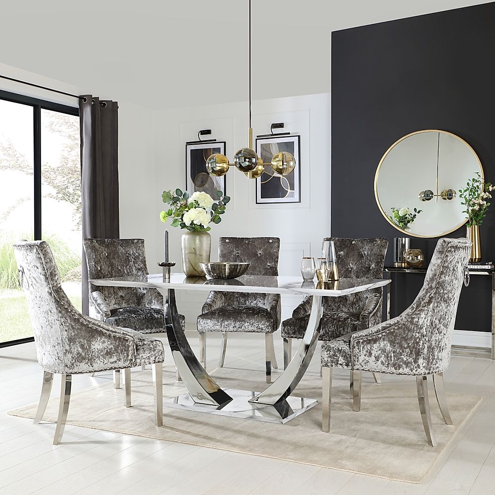 Peake Dining Table & 4 Imperial Chairs, White Marble Effect & Chrome, Silver Crushed Velvet, 160cm