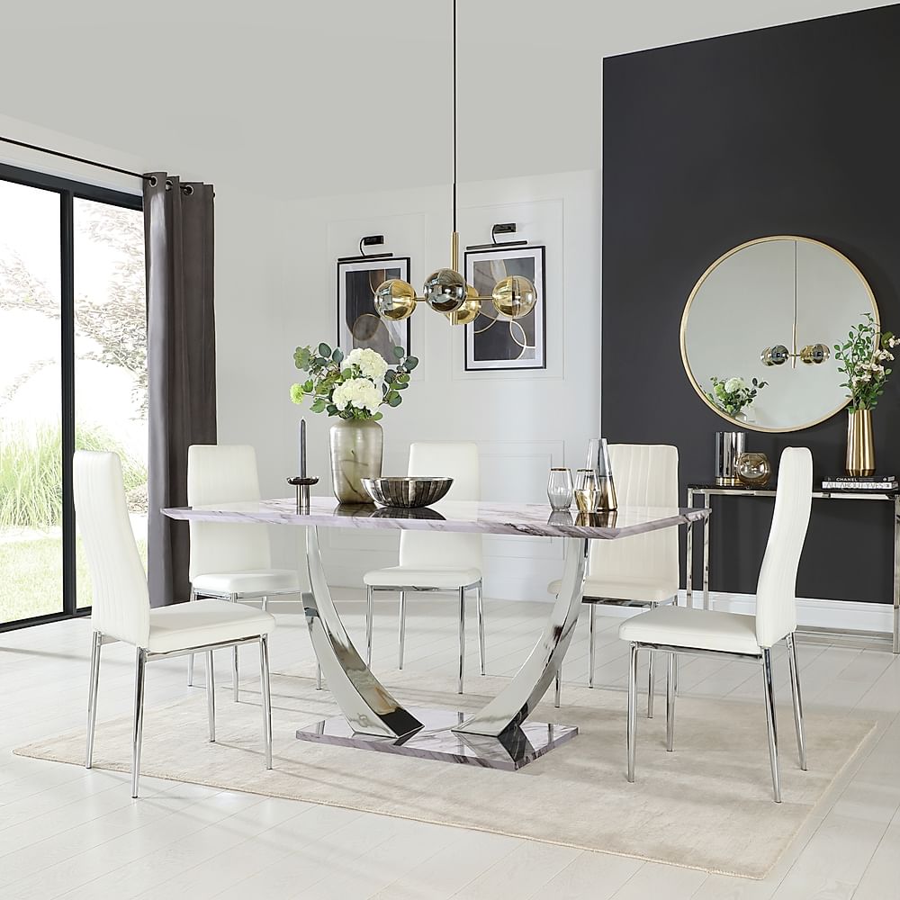 Peake Dining Table & 4 Leon Chairs, Grey Marble Effect & Chrome, White Classic Faux Leather, 160cm