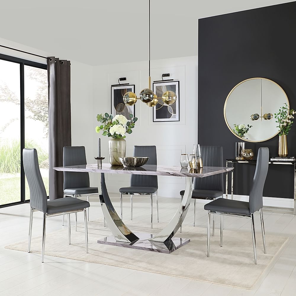 Peake Dining Table & 4 Leon Chairs, Grey Marble Effect & Chrome, Grey Classic Faux Leather, 160cm