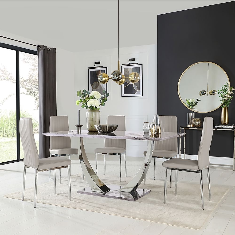 Peake Dining Table & 4 Leon Chairs, Grey Marble Effect & Chrome, Stone Grey Classic Faux Leather, 160cm