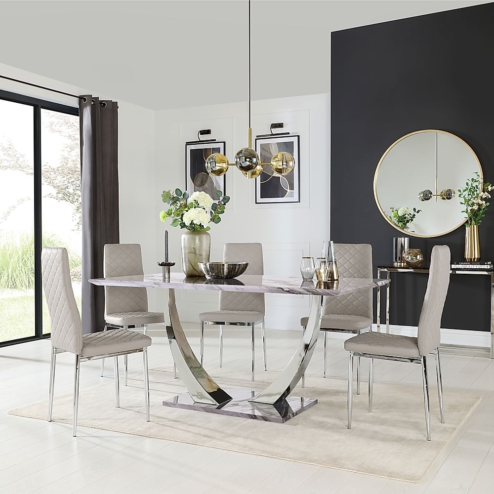 Peake Dining Table & 6 Renzo Chairs, Grey Marble Effect & Chrome, Stone Grey Classic Faux Leather, 160cm