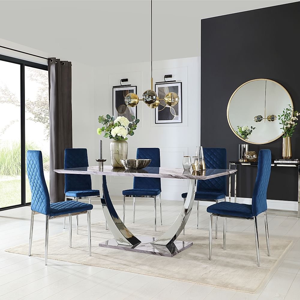 Peake Dining Table & 4 Renzo Chairs, Grey Marble Effect & Chrome, Blue Classic Velvet, 160cm