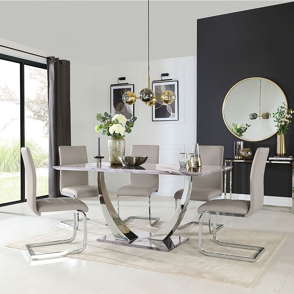 Peake Dining Table & 6 Perth Chairs, Grey Marble Effect & Chrome, Stone Grey Classic Faux Leather, 160cm